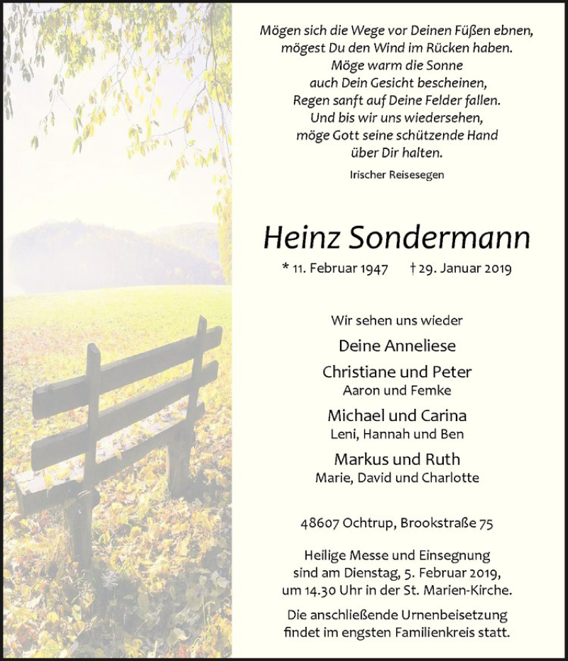 Traueranzeige für Heinz Sondermann vom 31.01.2019 aus Westfälische Nachrichten