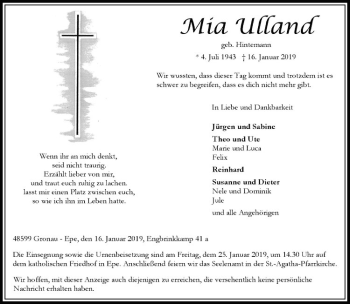 Anzeige von Mia Ulland von Westfälische Nachrichten