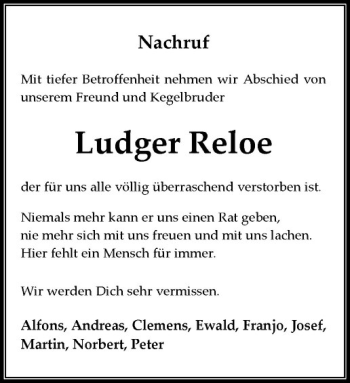 Anzeige von Ludger Reloe von Westfälische Nachrichten