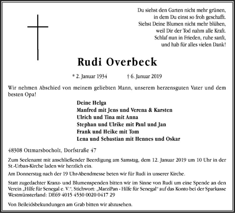  Traueranzeige für Rudi Overbeck vom 09.01.2019 aus Westfälische Nachrichten