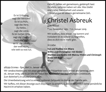 Anzeige von Christel Asbreuk von Westfälische Nachrichten