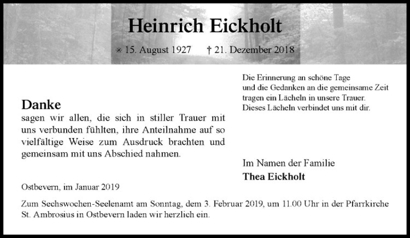  Traueranzeige für Heinrich Eickholt vom 31.01.2019 aus Westfälische Nachrichten