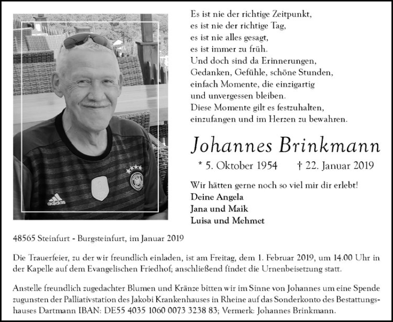  Traueranzeige für Johannes Brinkmann vom 26.01.2019 aus Westfälische Nachrichten