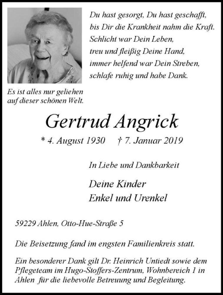  Traueranzeige für Gertrud Angrick vom 21.01.2019 aus Westfälische Nachrichten