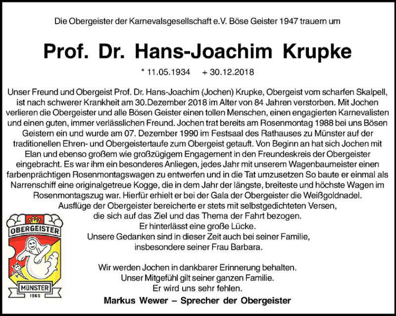  Traueranzeige für Hans-Joachim Krupke vom 09.01.2019 aus Westfälische Nachrichten