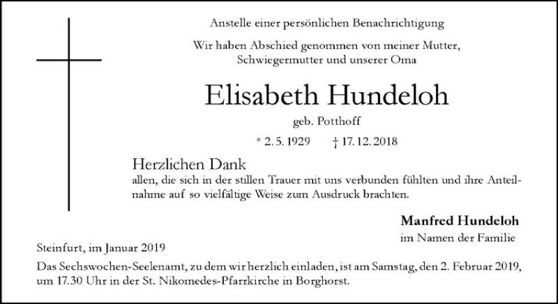  Traueranzeige für Elisabeth Hundeloh vom 26.01.2019 aus Westfälische Nachrichten