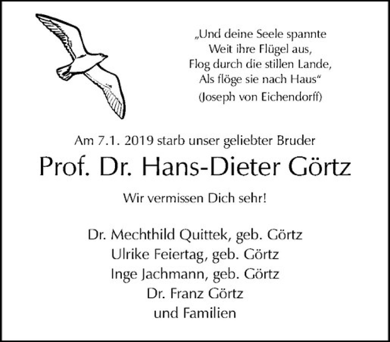  Traueranzeige für Hans-Dieter Görtz vom 12.01.2019 aus Westfälische Nachrichten
