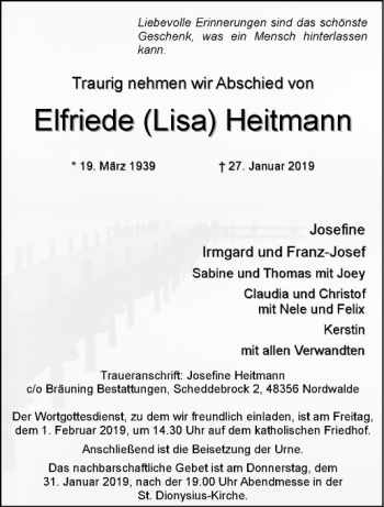 Anzeige von Elfriede Heitmann von Westfälische Nachrichten