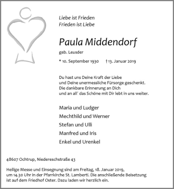 Anzeige von Paula Middendorf von Westfälische Nachrichten