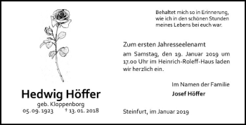 Anzeige von Hedwig Höffer von Westfälische Nachrichten