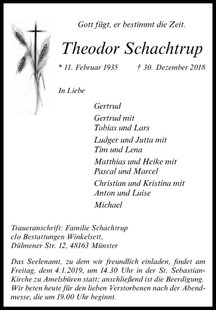  Traueranzeige für Theodor Schachtrup vom 03.01.2019 aus Westfälische Nachrichten