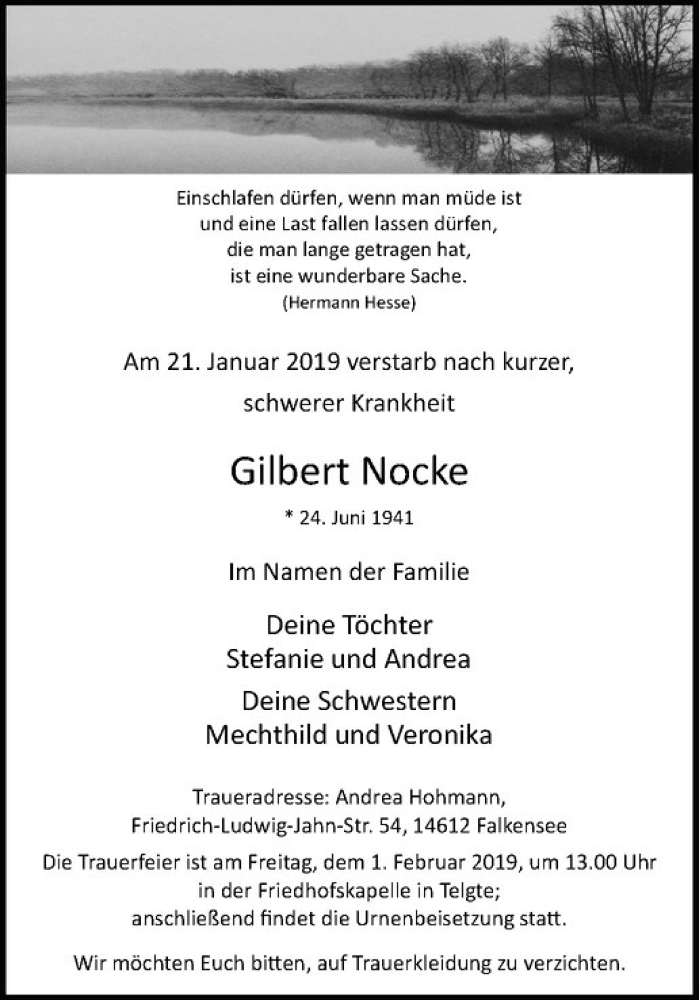  Traueranzeige für Gilbert Nocke vom 26.01.2019 aus Westfälische Nachrichten