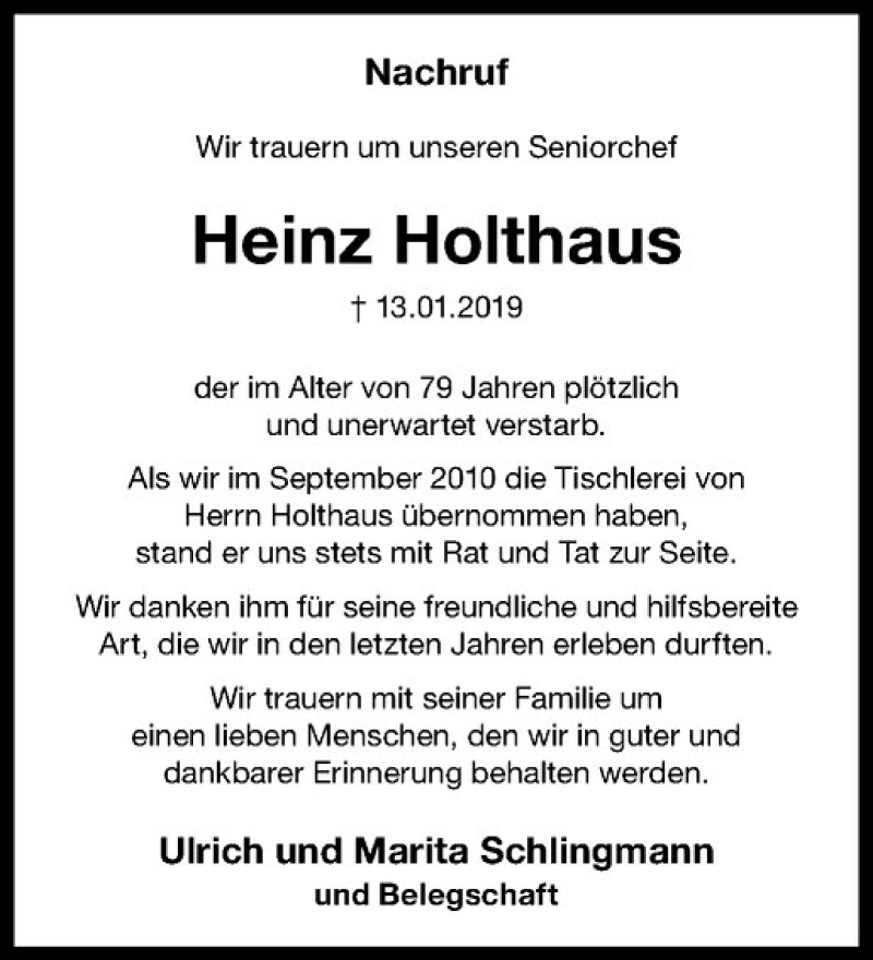  Traueranzeige für Heinz Holthaus vom 19.01.2019 aus Westfälische Nachrichten