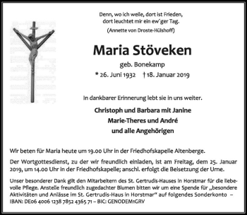 Anzeige von Maria Stöveken von Westfälische Nachrichten