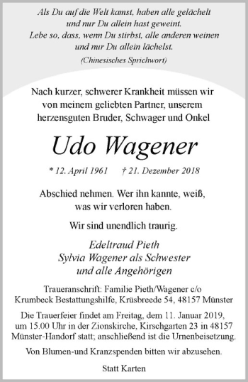Anzeige von Udo Wagener von Westfälische Nachrichten