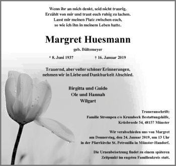Anzeige von Margret Huesmann von Westfälische Nachrichten
