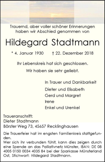Anzeige von Hildegard Stadtmann von Westfälische Nachrichten