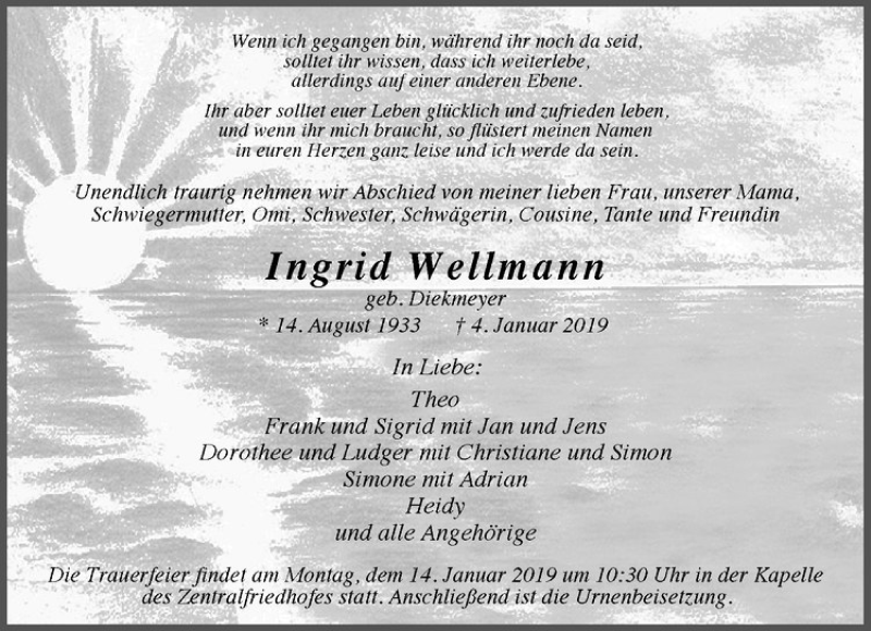  Traueranzeige für Ingrid Wellmann vom 12.01.2019 aus Westfälische Nachrichten