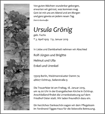 Anzeige von Ursula Grönig von Westfälische Nachrichten