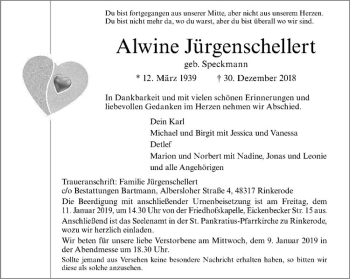 Anzeige von Alwine Jürgenschellert von Westfälische Nachrichten