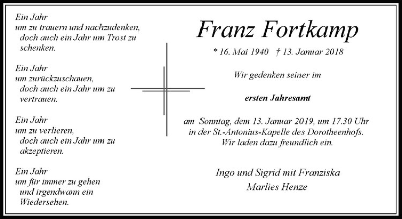 Traueranzeige für Franz Fortkamp vom 09.01.2019 aus Westfälische Nachrichten