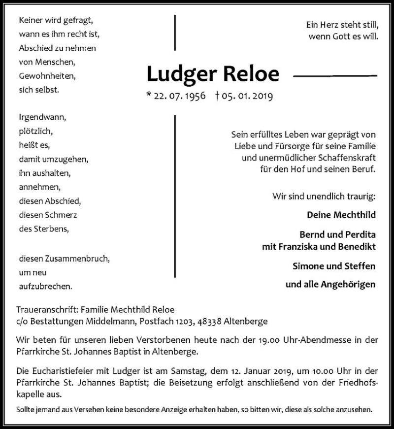  Traueranzeige für Ludger Reloe vom 09.01.2019 aus Westfälische Nachrichten