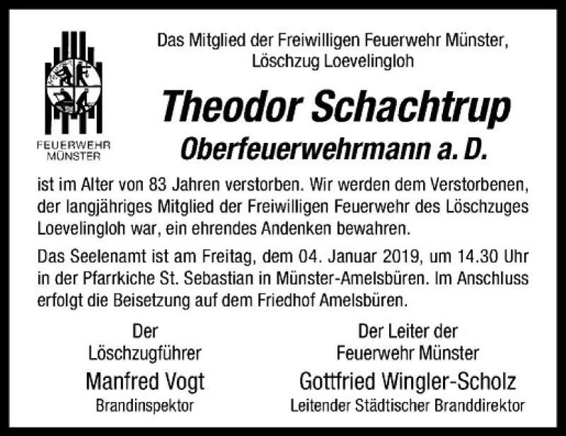  Traueranzeige für Theodor Schachtrup vom 04.01.2019 aus Westfälische Nachrichten