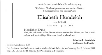 Anzeige von Elisabeth Hundeloh von Westfälische Nachrichten