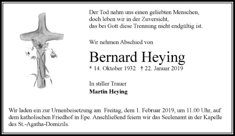 Traueranzeige für Bernard Heying vom 26.01.2019 aus Westfälische Nachrichten