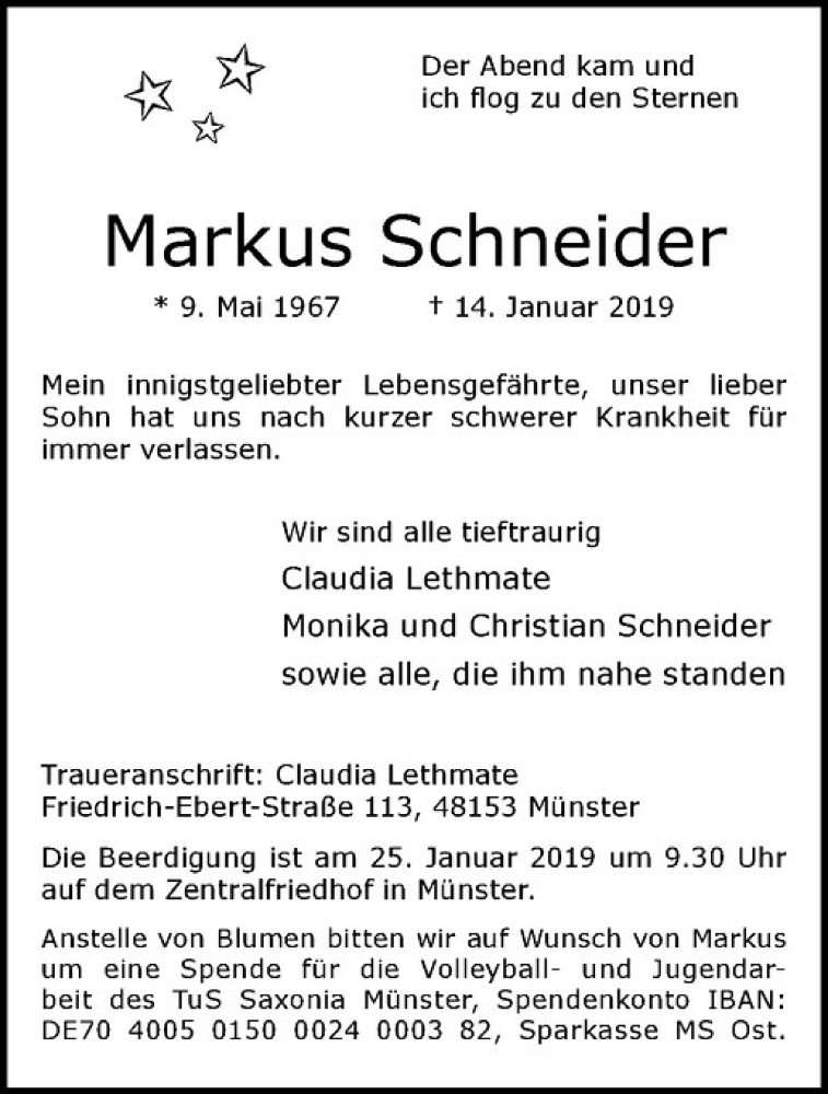  Traueranzeige für Markus Schneider vom 19.01.2019 aus Westfälische Nachrichten