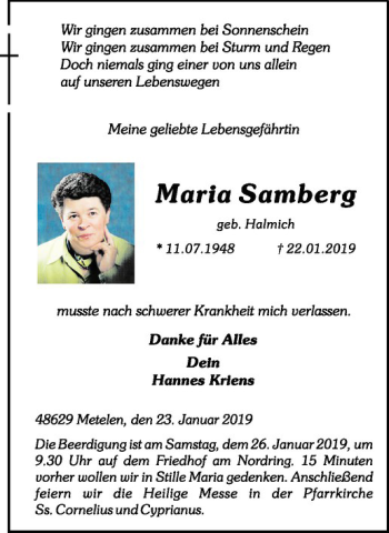 Anzeige von Maria Samberg von Westfälische Nachrichten