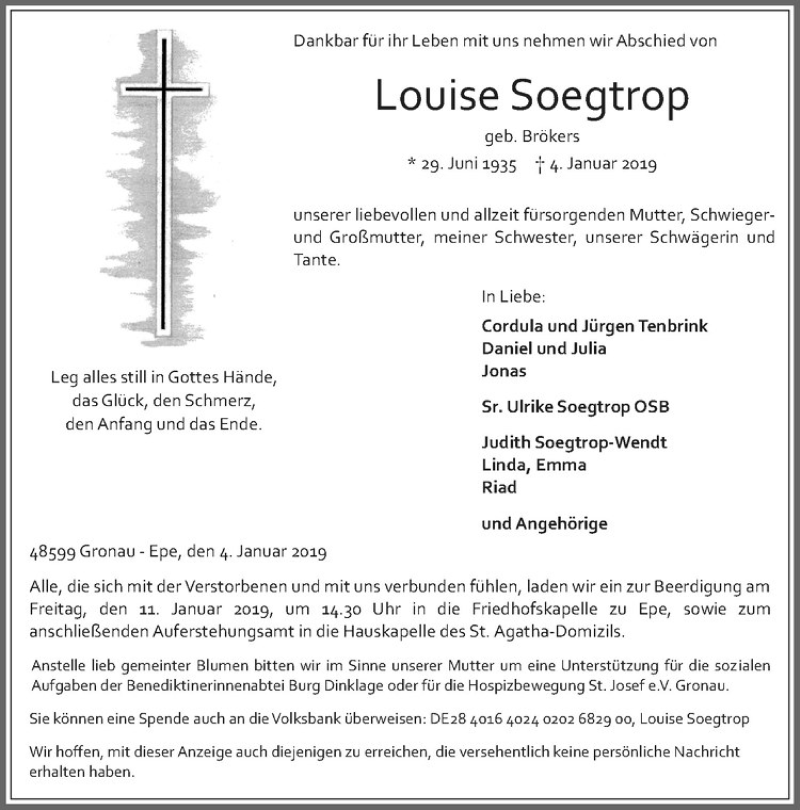  Traueranzeige für Louise Soegtrop vom 07.01.2019 aus Westfälische Nachrichten