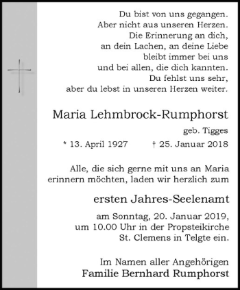 Anzeige von Maria Lehmbrock-Rumphorst von Westfälische Nachrichten