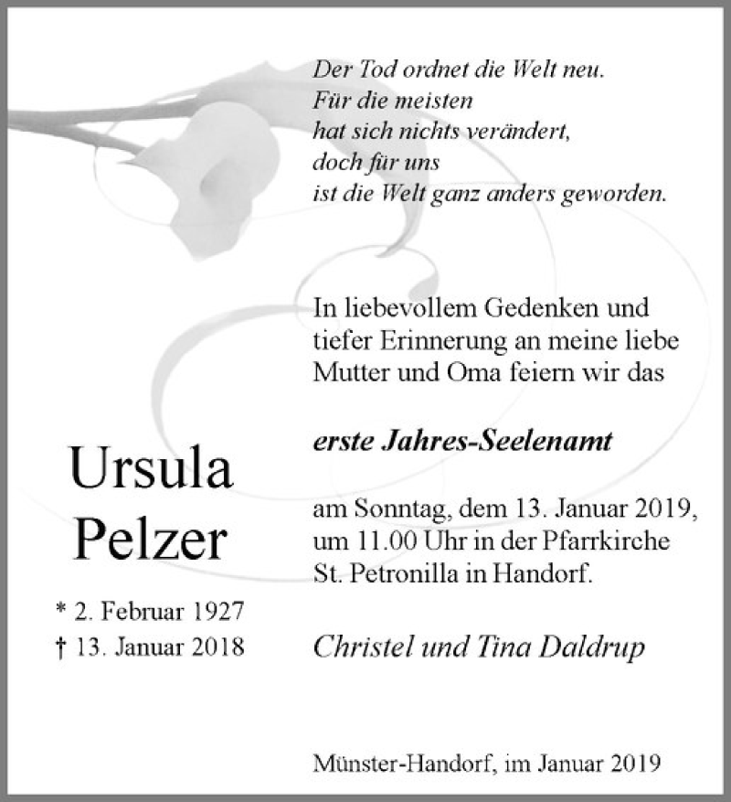  Traueranzeige für Ursula Pelzer vom 05.01.2019 aus Westfälische Nachrichten