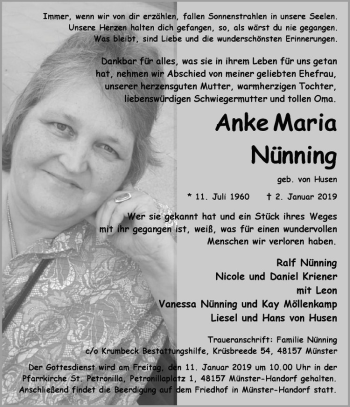 Anzeige von Anke Maria Nünning von Westfälische Nachrichten