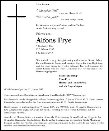 Anzeige von Alfons Frye von Westfälische Nachrichten