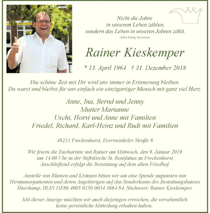  Traueranzeige für Rainer Kieskemper vom 05.01.2019 aus Westfälische Nachrichten