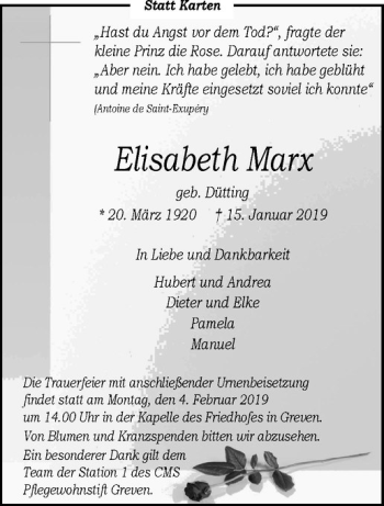 Anzeige von Elisabeth Marx von Westfälische Nachrichten