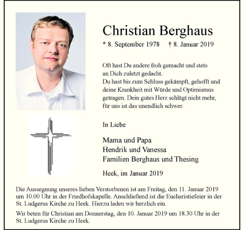  Traueranzeige für Christian Berghaus vom 10.01.2019 aus Westfälische Nachrichten