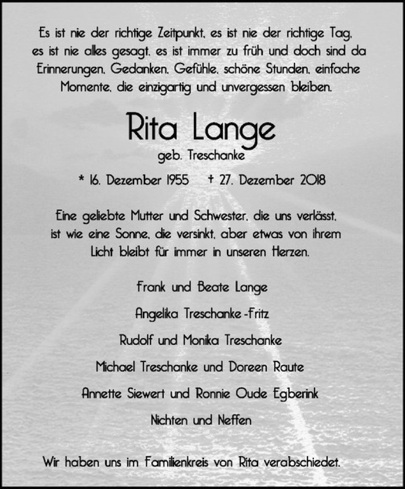  Traueranzeige für Rita Lange vom 12.01.2019 aus Westfälische Nachrichten