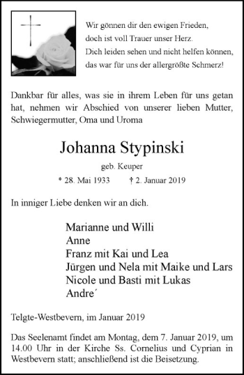 Anzeige von Johanna Stypinski von Westfälische Nachrichten