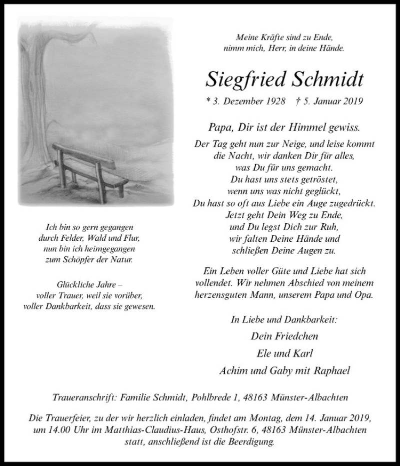  Traueranzeige für Siegfried Schmidt vom 09.01.2019 aus Westfälische Nachrichten