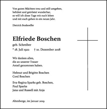 Anzeige von Elfriede Boschen von Westfälische Nachrichten