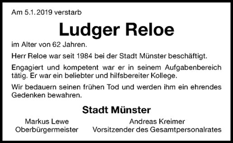  Traueranzeige für Ludger Reloe vom 11.01.2019 aus Westfälische Nachrichten
