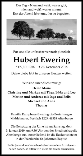 Anzeige von Hubert Ewering von Westfälische Nachrichten