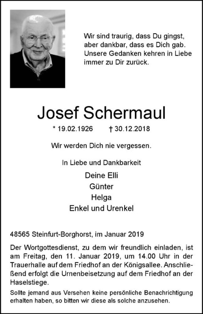  Traueranzeige für Josef Schermaul vom 05.01.2019 aus Westfälische Nachrichten