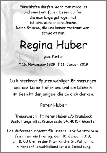 Anzeige von Regina Huber von Westfälische Nachrichten