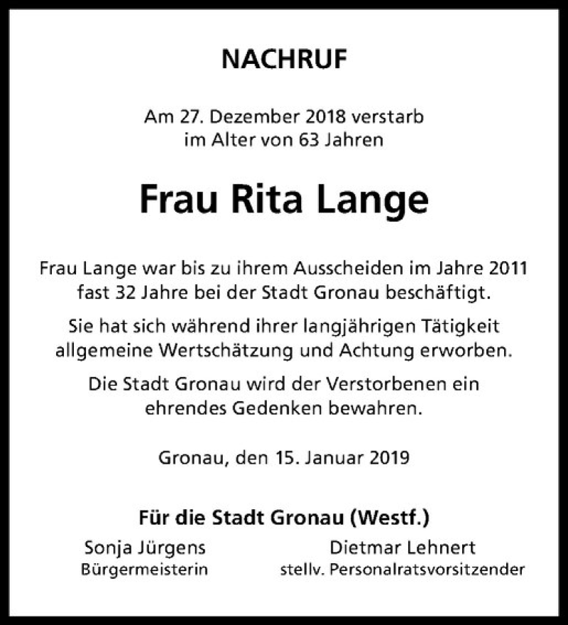  Traueranzeige für Rita Lange vom 17.01.2019 aus Westfälische Nachrichten