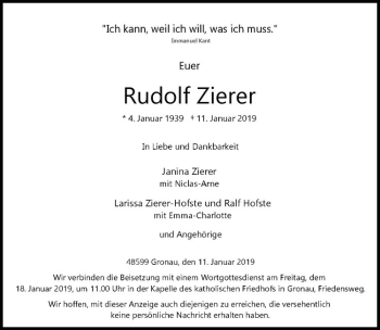 Anzeige von Rudolf Zierer von Westfälische Nachrichten