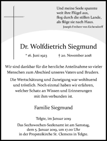 Anzeige von Wolfdietrich Siegmund von Westfälische Nachrichten